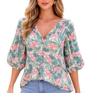 Crown & Ivy Tropical Popover Top | Pink Elephant & Palm Leaf Print | V-Neck L
